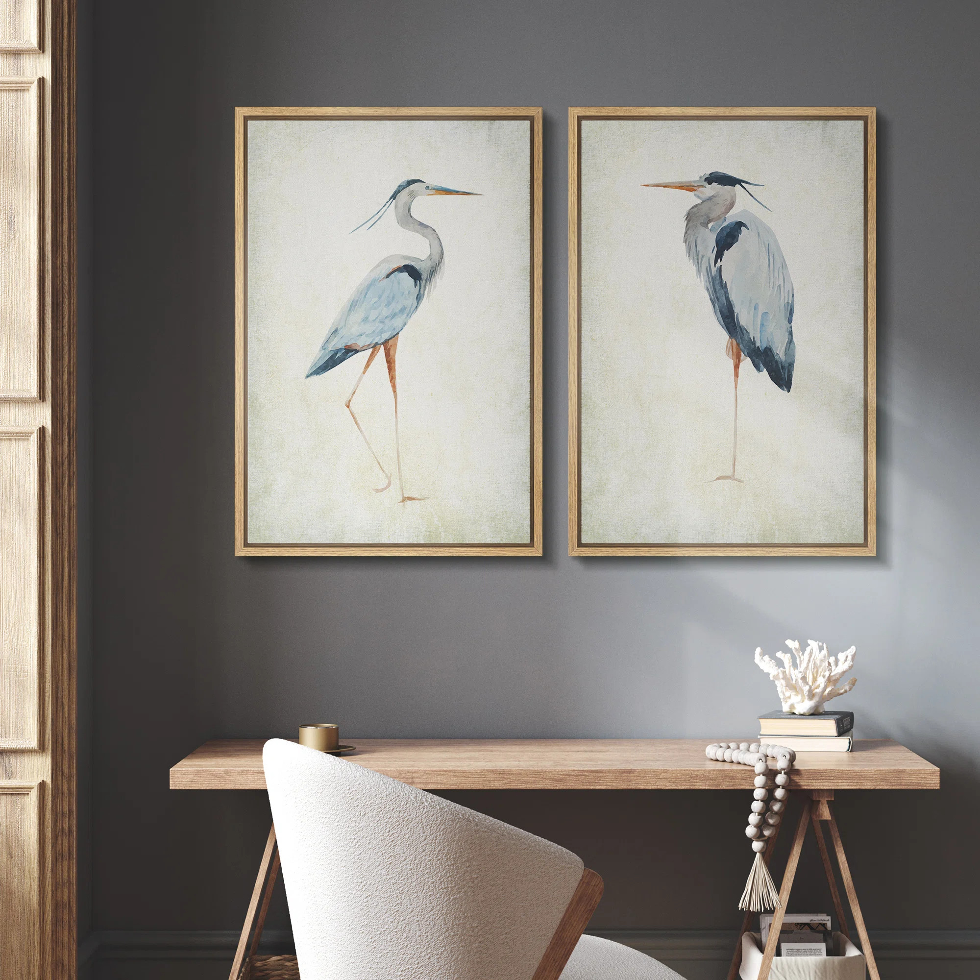 Blue Heron Bird Portrait Coastal Beach Decor - Framed Canvas Master Bedroom Wall Art Set 2 Print | Wayfair North America