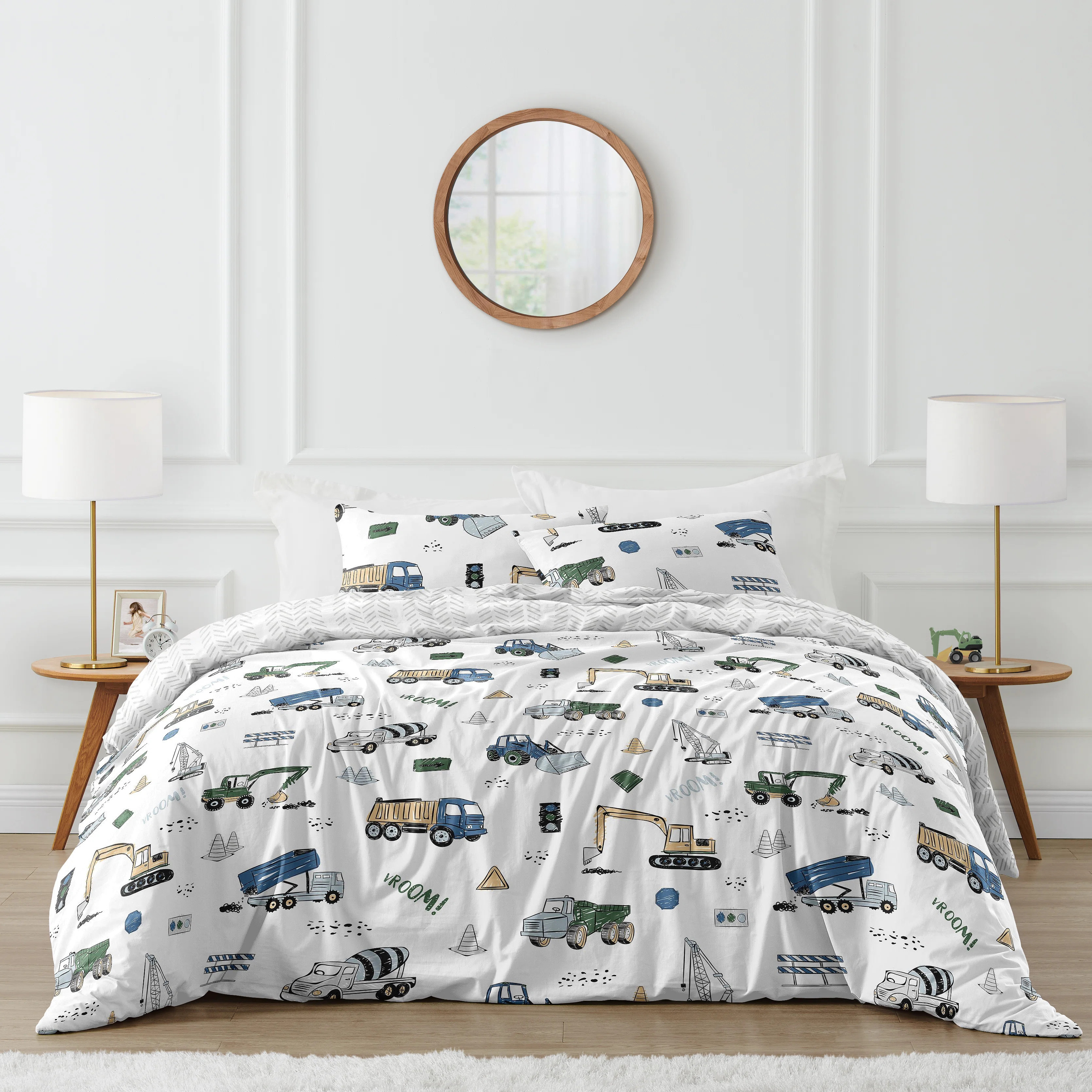 Construction Truck Blue Green Yellow Grey And Black 3 Piece Queen Comforter Set | Wayfair North America