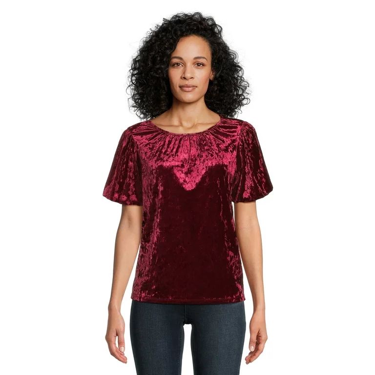 Time and Tru Women's Crushed Velvet Top with Short Sleeves, Sizes XS-XXXL | Walmart (US)