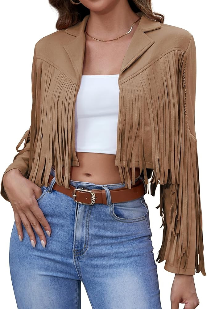 American Trends Womens Casual Faux Leather Jacket Fringe Tops Tassel Suede Cropped Coats Motorcyc... | Amazon (US)