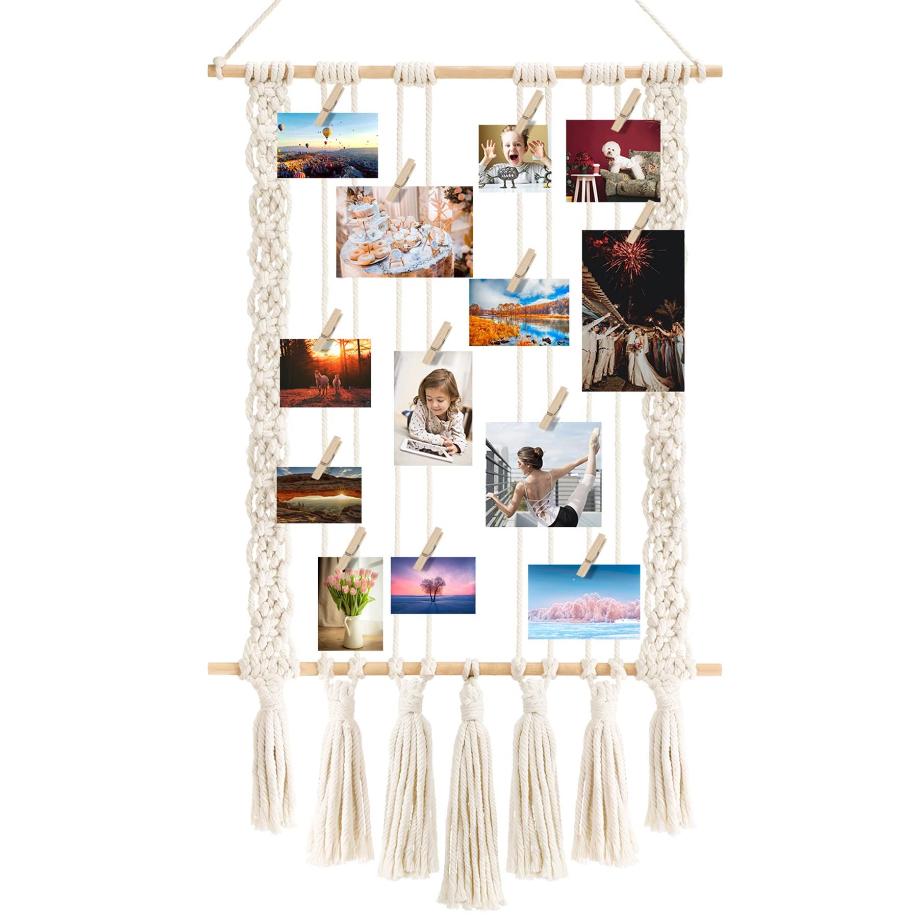 FEBSNOW Hanging Photo Display Macrame Wall Hanging Pictures Organizer Cards Holder Frame Collage Set | Amazon (US)