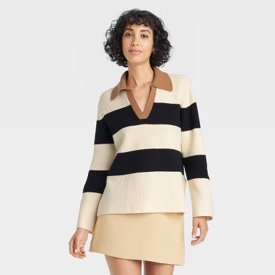 Women's Polo Pullover Sweater - A New Day™ Black Striped S | Target