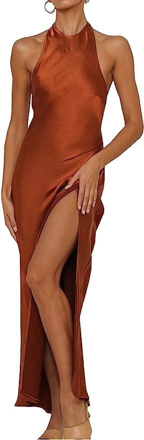 Satin Silk Halter Tie Neck Maxi Formal Dresses for Women- Open Back Twist Ruched Slit Midi Cockta... | Amazon (US)