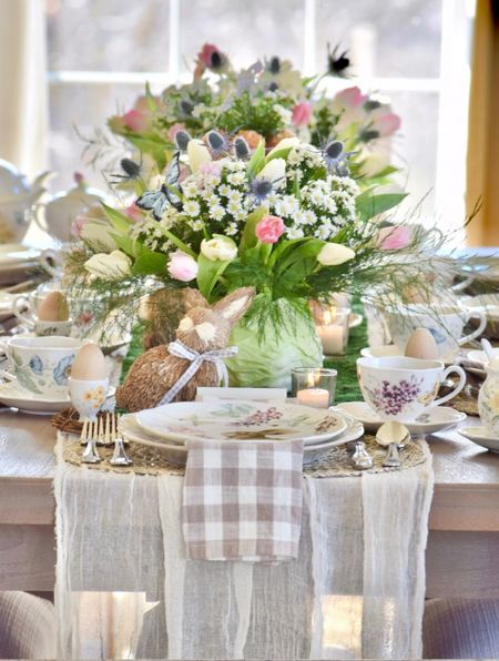 Spring table, Easter Tablescape, dinnerware, Easter/spring tablescape
Easter table, Easter inspo, Easter inspiration, bunnies, florals, flowers, woven textures, spring tablescape, Easter decor, Spring decor, pottery barn, Amazon, Target, gingham ribbon, napkins, moss runner, table runner, placemats, woven placemats, wooden eggs

#Easter 

#LTKparties #LTKhome #LTKSeasonal