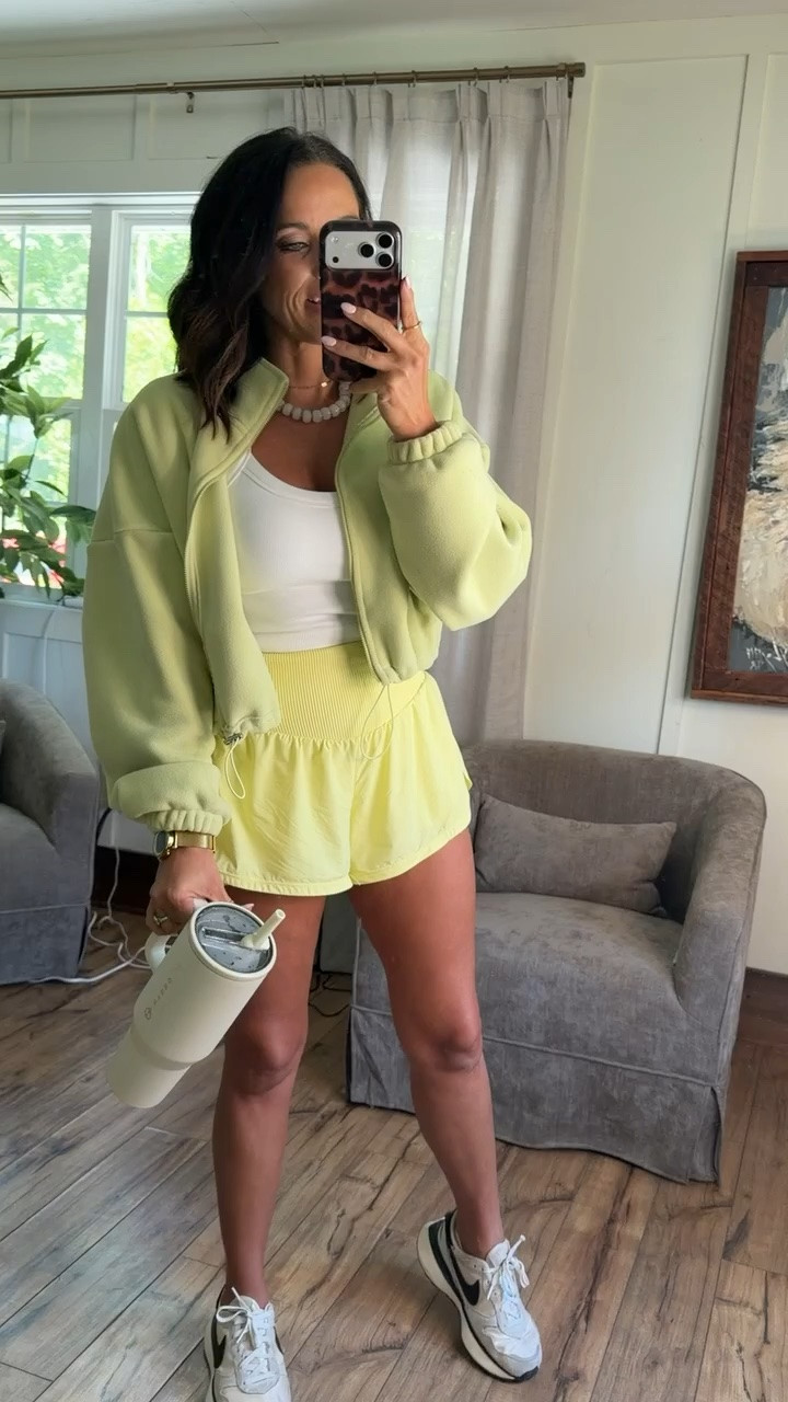 This set is my current obsession for errands, walks, travel days, or just everyday mom life 💛 The shorts are SO comfy and flattering, and I love this color for spring/summer. Paired with the cropped Amazon jacket makes it feel sporty but still really cute and put together. 

This is definitely one of those outfits you’ll keep reaching for because it’s comfortable without looking sloppy 🙌 Easy to throw on with sneakers and go. The Target athletic pieces lately have been SO good. 

Target shorts + tank  
Amazon jacket  

Size XS/S, 5’3 for reference