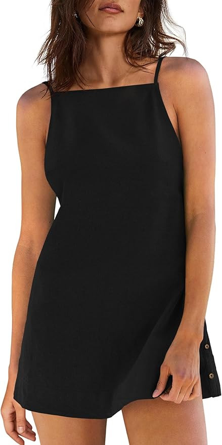 Yanekop Womens Linen Mini Dress Spaghetti Strap Short Beach Summer Dresses Sleeveless Sundress Op... | Amazon (US)