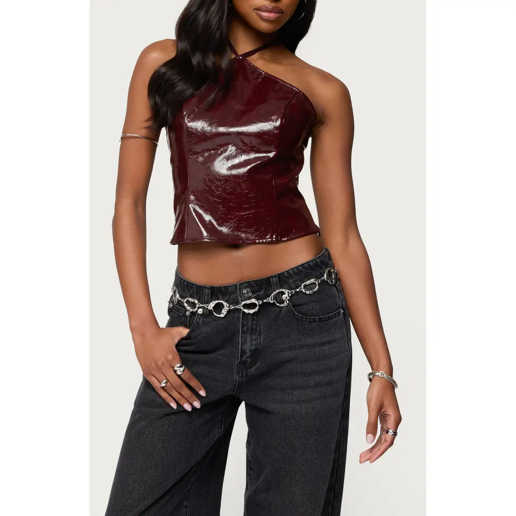 EDIKTED Hailie Faux Leather Halter Crop Top in Burgundy at Nordstrom, Size Medium | Nordstrom