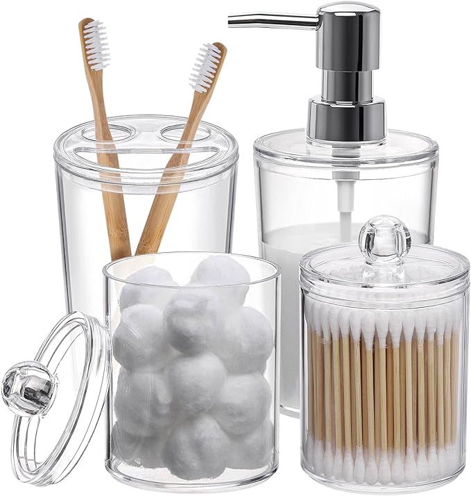 Plastic Clear Bathroom Accessories Set Complete 4 Pcs - Soap Dispenser, 2 Qtip Holder Jars and To... | Amazon (US)