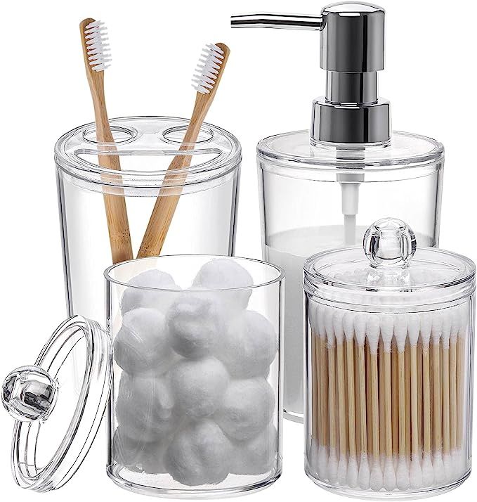 Plastic Clear Bathroom Accessories Set Complete 4 Pcs - Soap Dispenser, 2 Qtip Holder Jars and To... | Amazon (US)