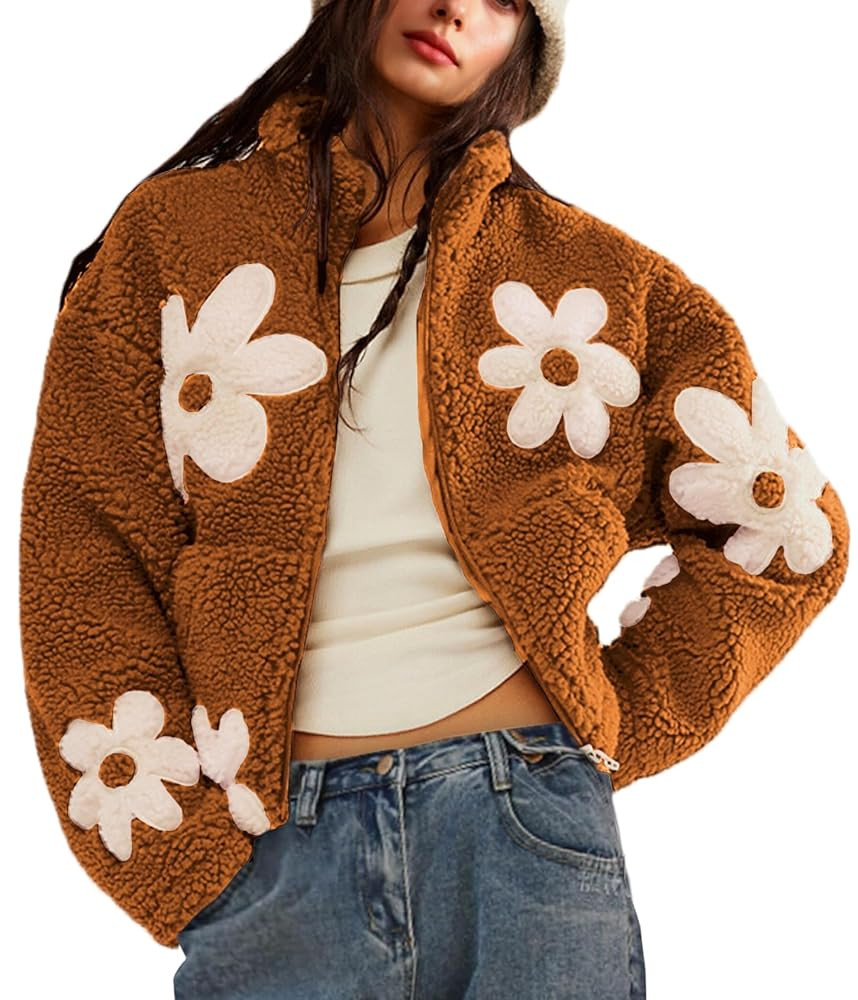 Maixang Womens Floral Print Sherpa Fleece Jackets Winter Zipper Cropped Coat Casual Long Sleeve O... | Amazon (US)