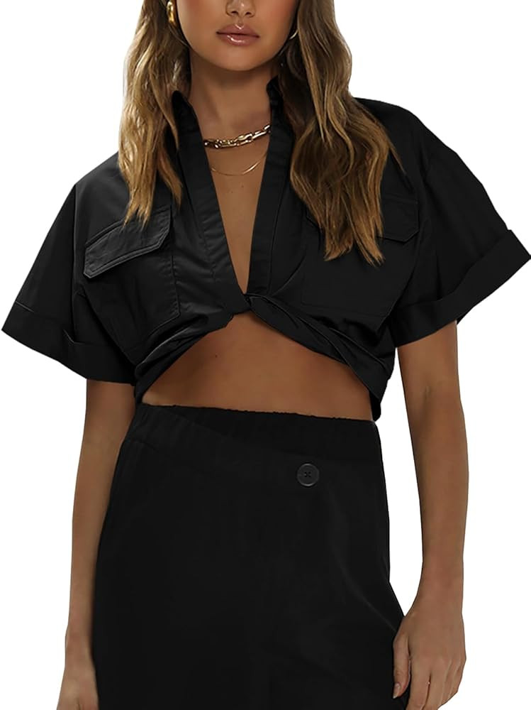 Imily Bela Womens Cropped Shirts Summer V Neck Twist Front Tops Blouses with Pockets | Amazon (US)