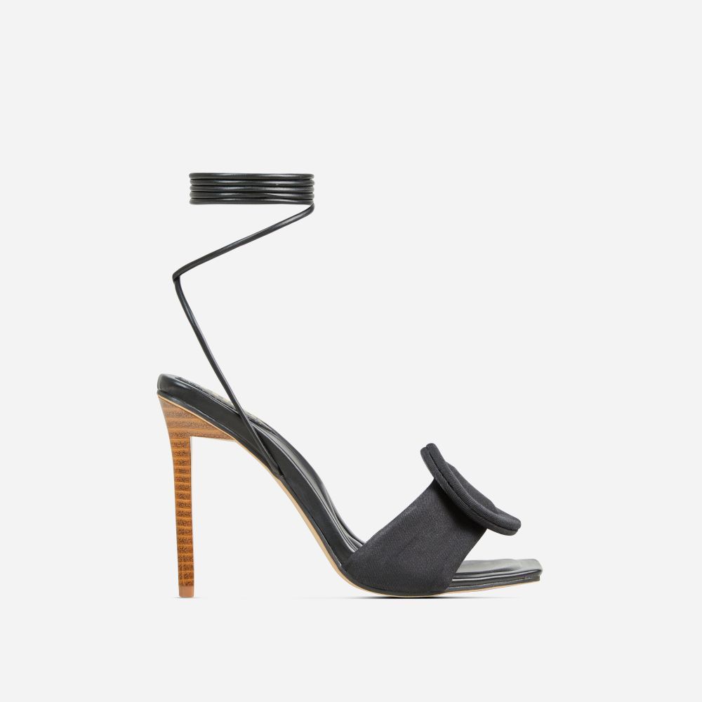 Layla Lace Up Mix Match Buckle Detail Square Toe Stiletto Heel In Black Linen | EGO Shoes (US & Canada)