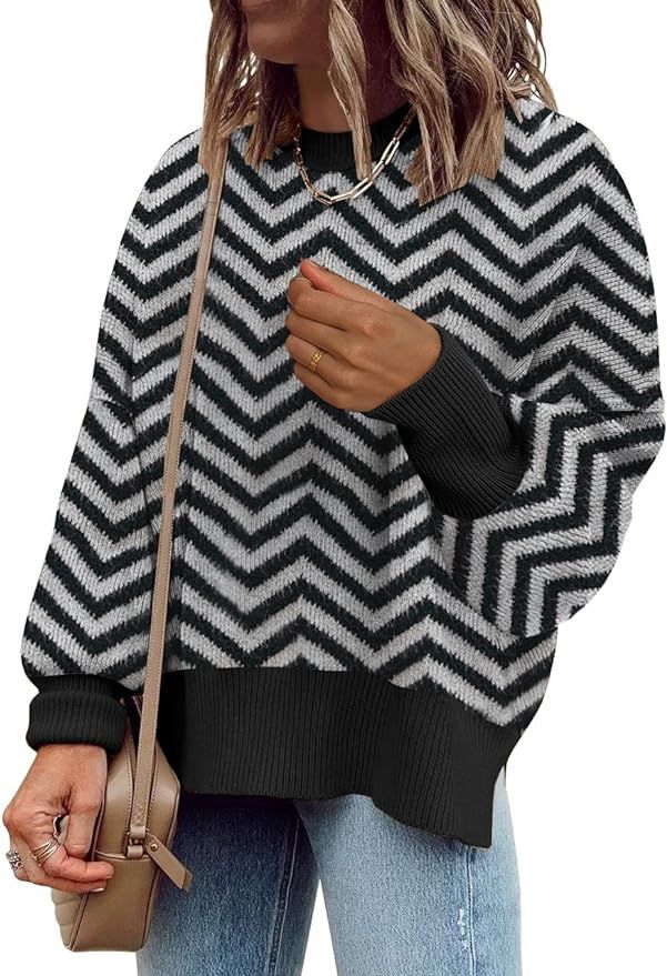 Amazon.com: Womens Fall Knit Tops Oversized Pullover Sweater Crewneck Batwing Long Sleeve Striped... | Amazon (US)