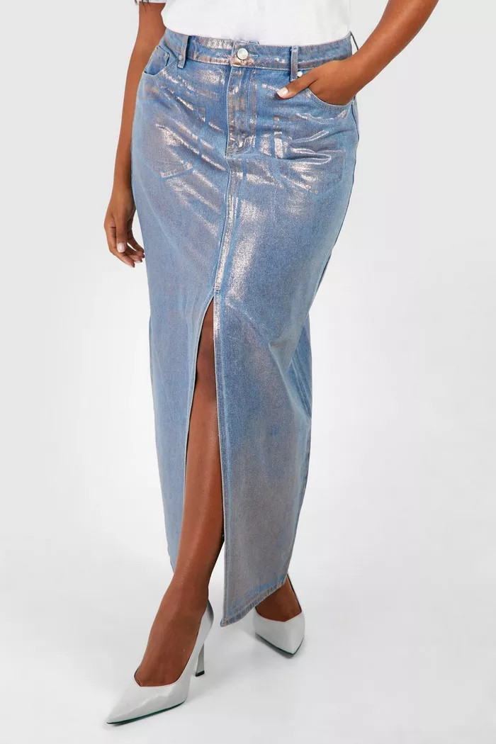 Plus Iridescent Metallic Coated Denim Maxi Skirt | boohoo (US & Canada)