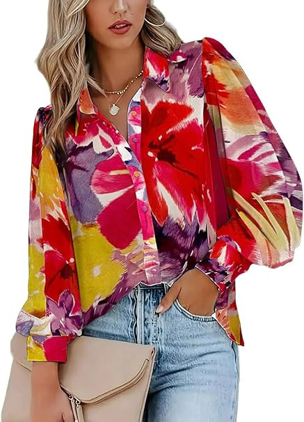 Zeagoo Womens Shirts Button Down Printed Lantern Long Sleeve Blouse Fashion Casual Tops 2025 | Amazon (US)