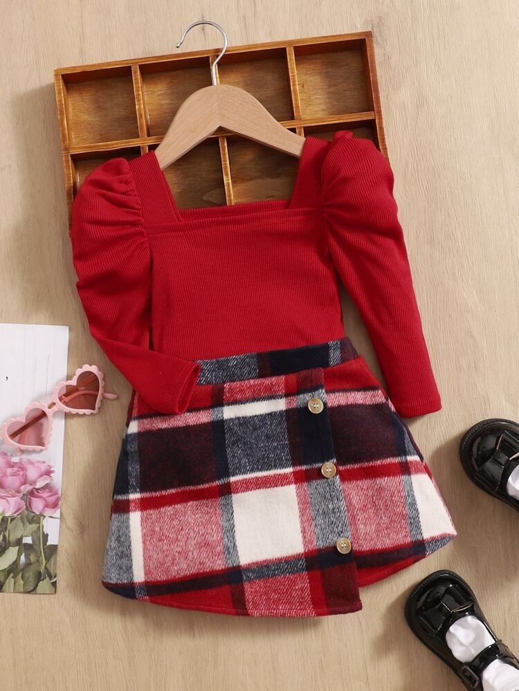SHEIN Baby Gigot Sleeve Top & Plaid Print Asymmetrical Hem Skirt | SHEIN