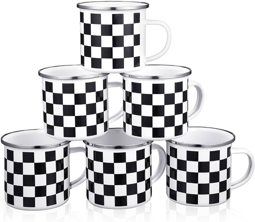 Amazon.com: Lallisa 6 Pcs Checkered Coffee Mug Set 12 oz Enamel Steel Mug Plaid Enamel Coffee Mug... | Amazon (US)
