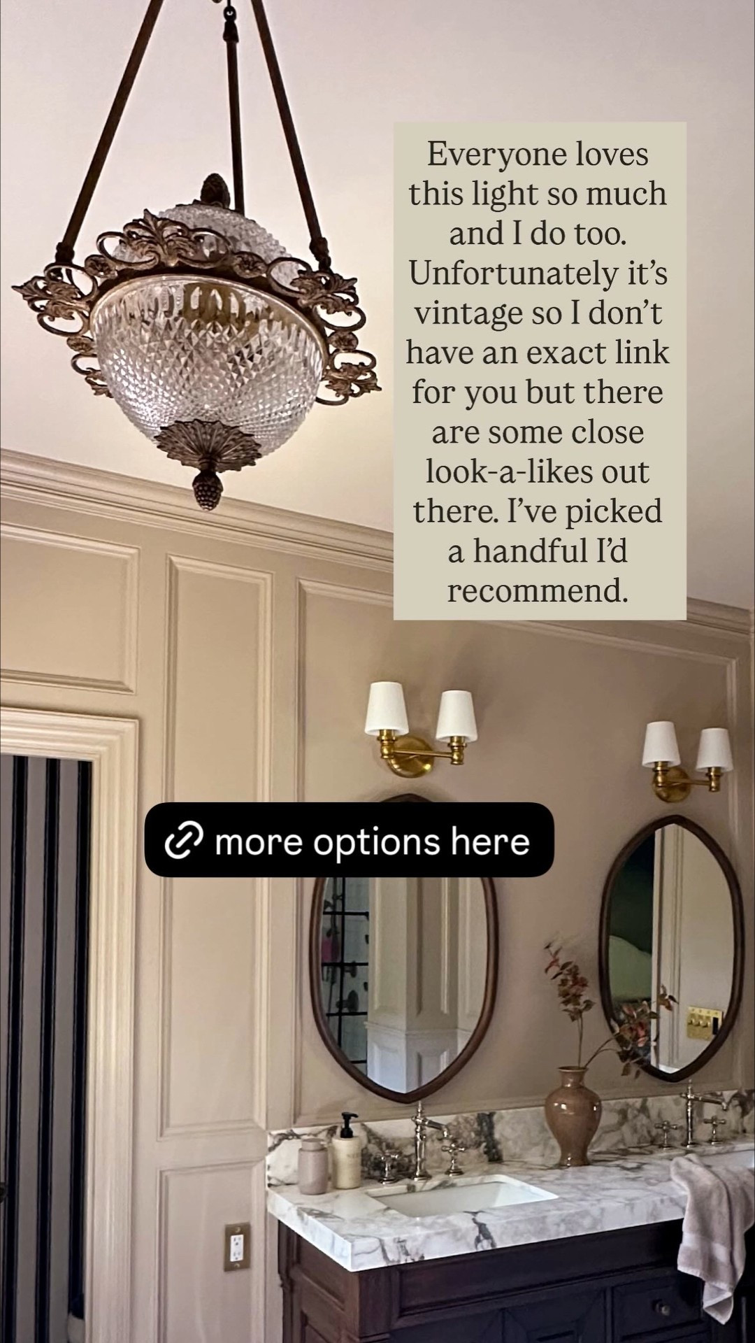 Everyone loves this vintage pendant chandelier so much and I do too. Unfortunately it’s vintage so I don’t have an exact link for you but there are some close look-a-likes out there. I’ve picked a handful I’d recommend for bathroom lighting ideas.

#LTKStyleTip #LTKHome