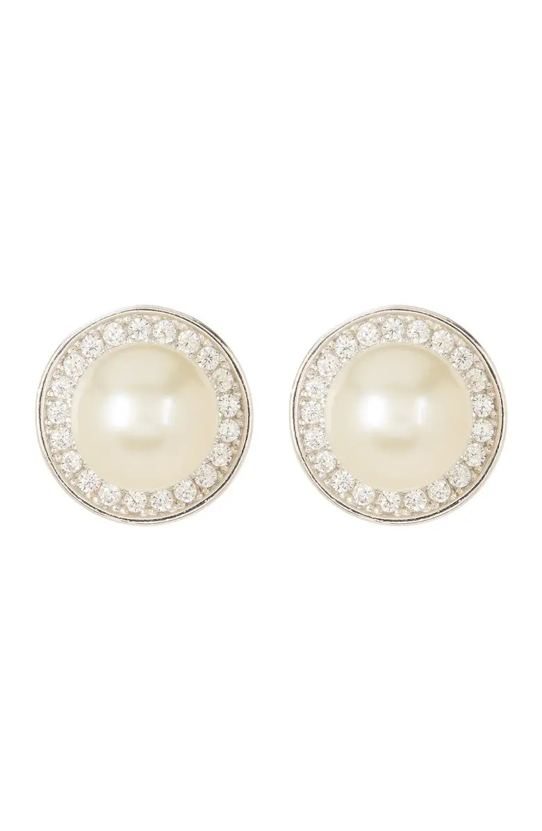 Adornia White Rhodium Plated 9mm Freshwater Pearl Swarovski Crystal Accented Halo Stud Earrings |... | Nordstrom Rack
