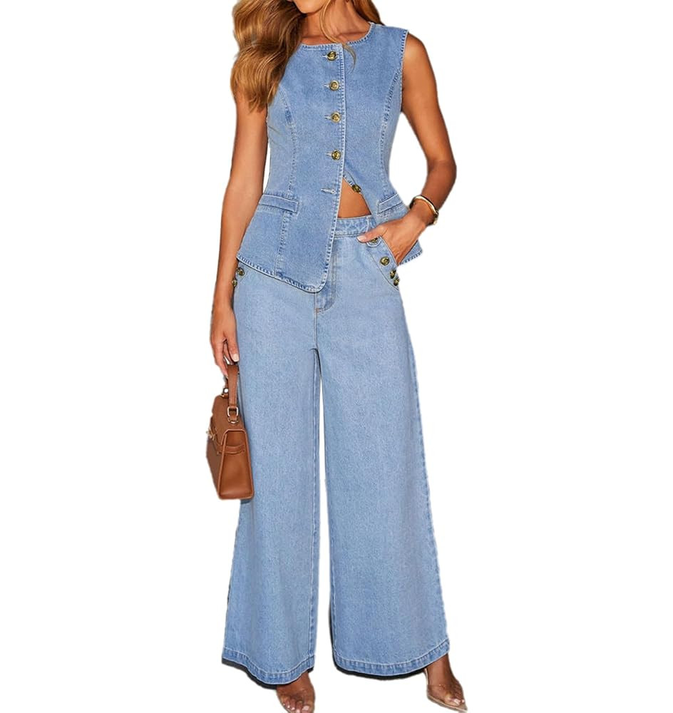 Women's Denim Set Casual Business Sleeveless Denim Vest Top and Wide Leg Jeans 2 Piece Denim Outf... | Amazon (US)