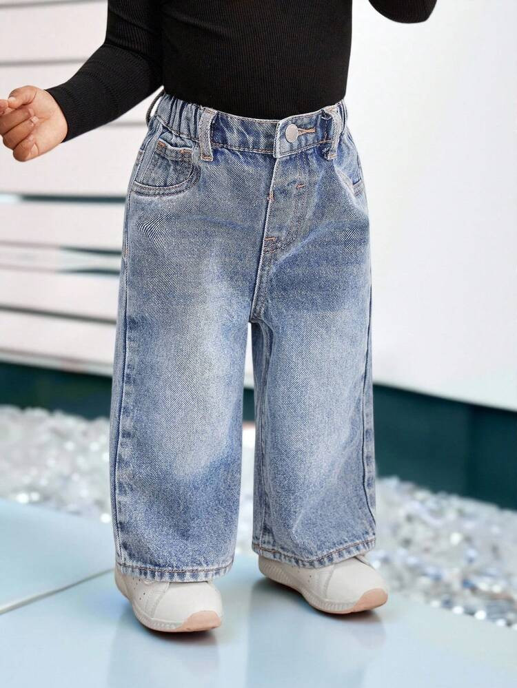 SHEIN Baby Girls' Vintage Blue Loose Straight Leg Jeans Fall Winter | SHEIN