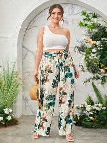 SHEIN Plus Paperbag Waist Wide Leg Tropical Print Pants
   SKU: sf2112095519018943      
        ... | SHEIN