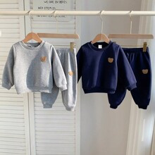 pcsSet Baby BoyGirl Cute Cartoon Bear Print Navy Blue Grey Hoodie Sweatshirt Elastic Waist Pants Outfit AutumnWinter | SHEIN