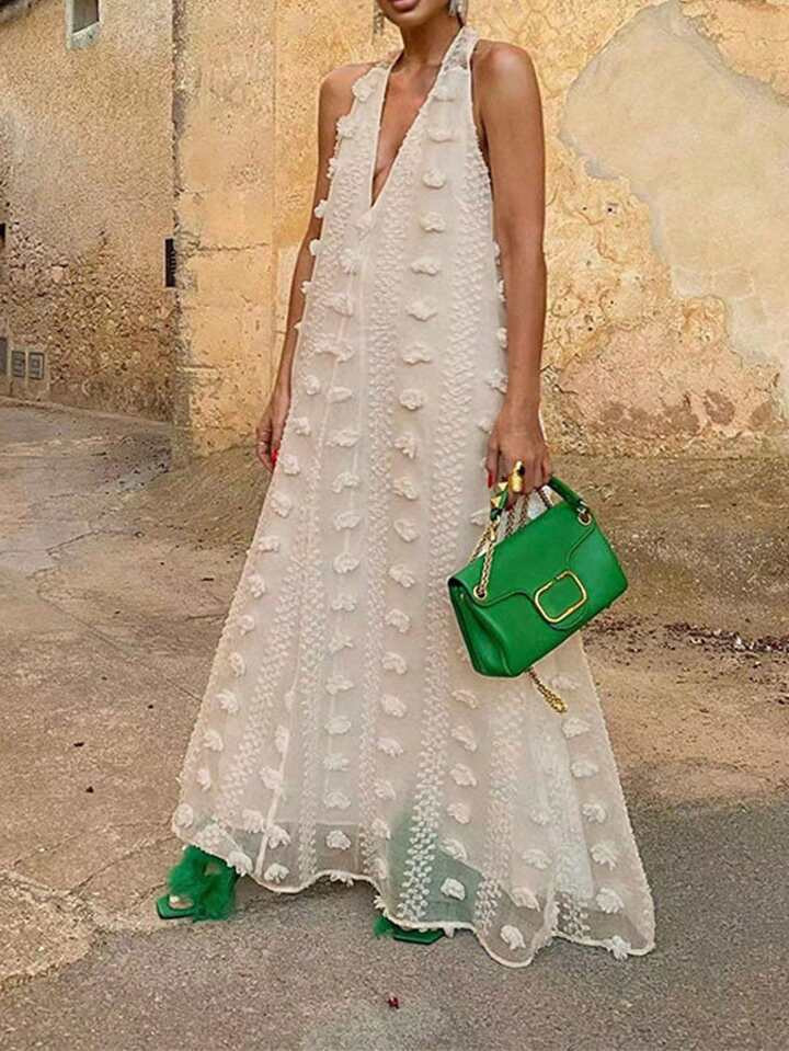 SHEIN LUNE Women Fashionable Summer Vacation Deep V Halter Neck Texture Dress | SHEIN