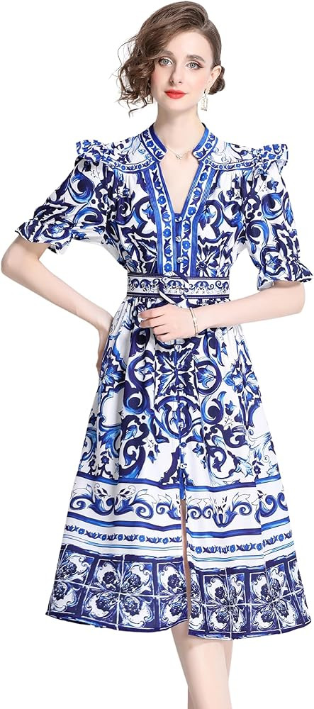 LAI MENG FIVE CATS Women's Button Up V-Neck Short Puff Sleeve Floral Print Split Casual Midi Dres... | Amazon (US)