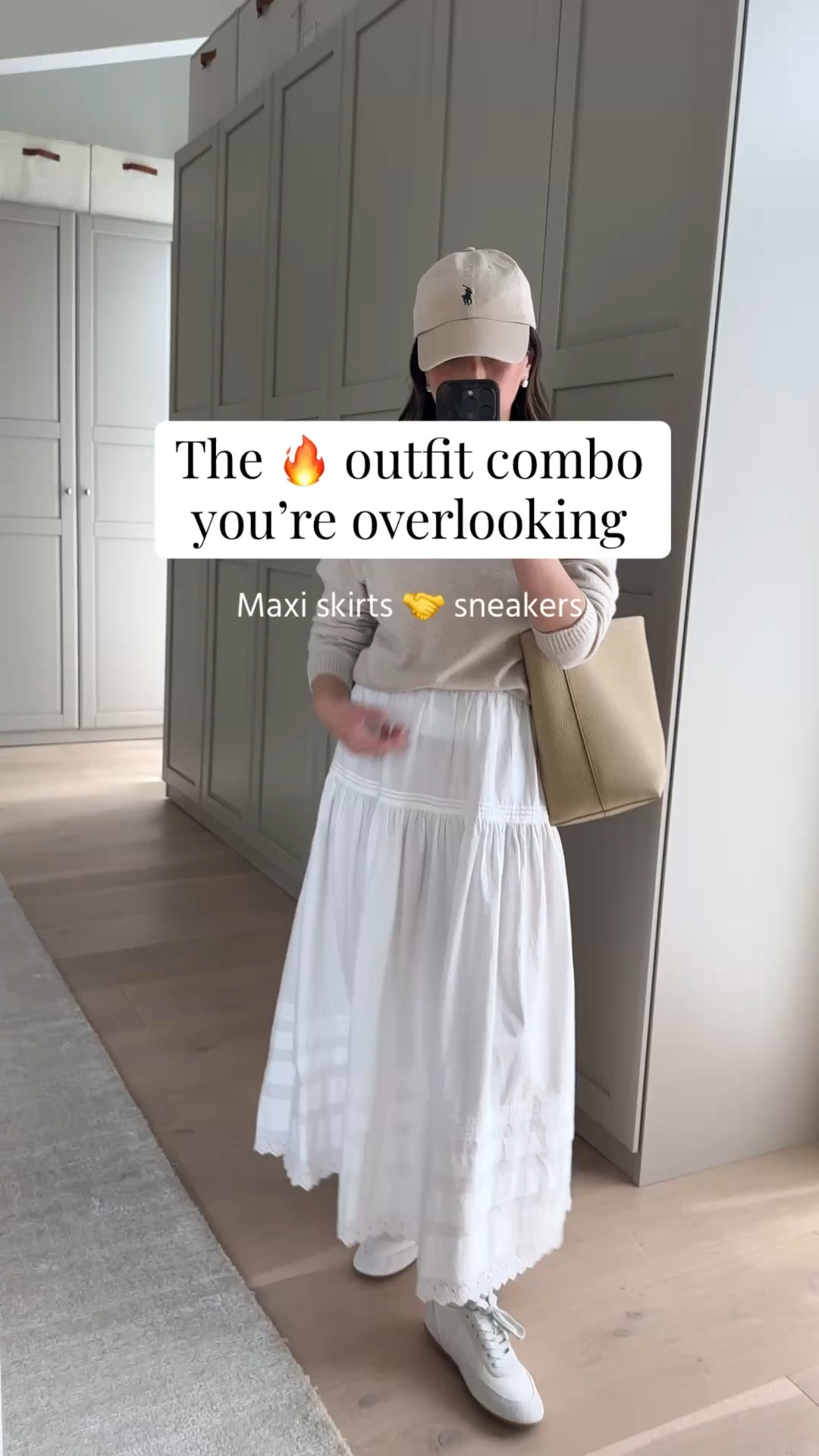 My favorite  skirt and sneaker combo. When in doubt lean on white and beige 🤍. 

J.crew cashmere sweater xs
DÔEN skirt small
Amazon socks
SperryxAritzia sneakers 6 - size up
The row tote small
Polo Ralph Lauren hat 
Dorsey earrings medium
Dorsey James necklace 15"

Petite style, spring outfits 2026, white skirt

#LTKmomlife #LTKootd #LTKPetite