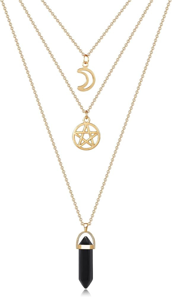 MJartoria Moon Pentagram Necklace Pentacle Crystal Chakra Necklace Charm Pendant Multi Layered Ne... | Amazon (US)