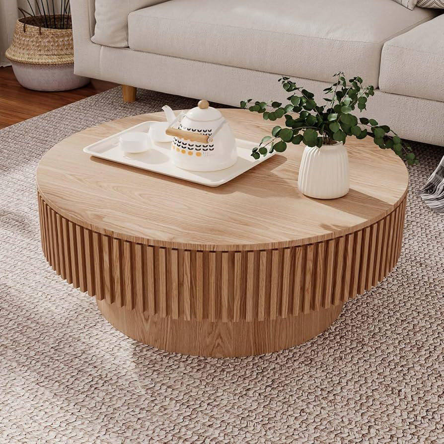 Round Coffee Table with Storage, Modern Wooden Coffee Table with Solid Wood Veneered, Circle Cent... | Amazon (US)