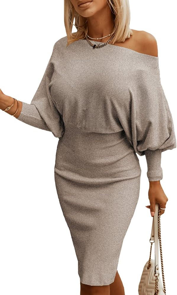 Dokotoo Women's Elegant Off Shoulder Long Lantern Sleeve Sweater Dress Elastic Waist Bodycon Mini... | Amazon (US)