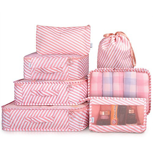Packing Cubes 7 Pcs Travel Luggage Packing Organizers Set with Toiletry Bag (PINK STRIPE) | Amazon (US)