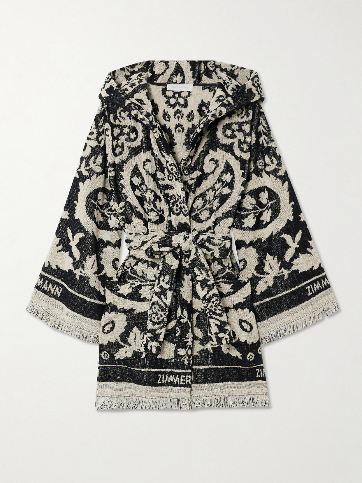 Zimmermann - Wanderlust Hooded Fringed Cotton-terry Jacquard Robe - Black | NET-A-PORTER (US)