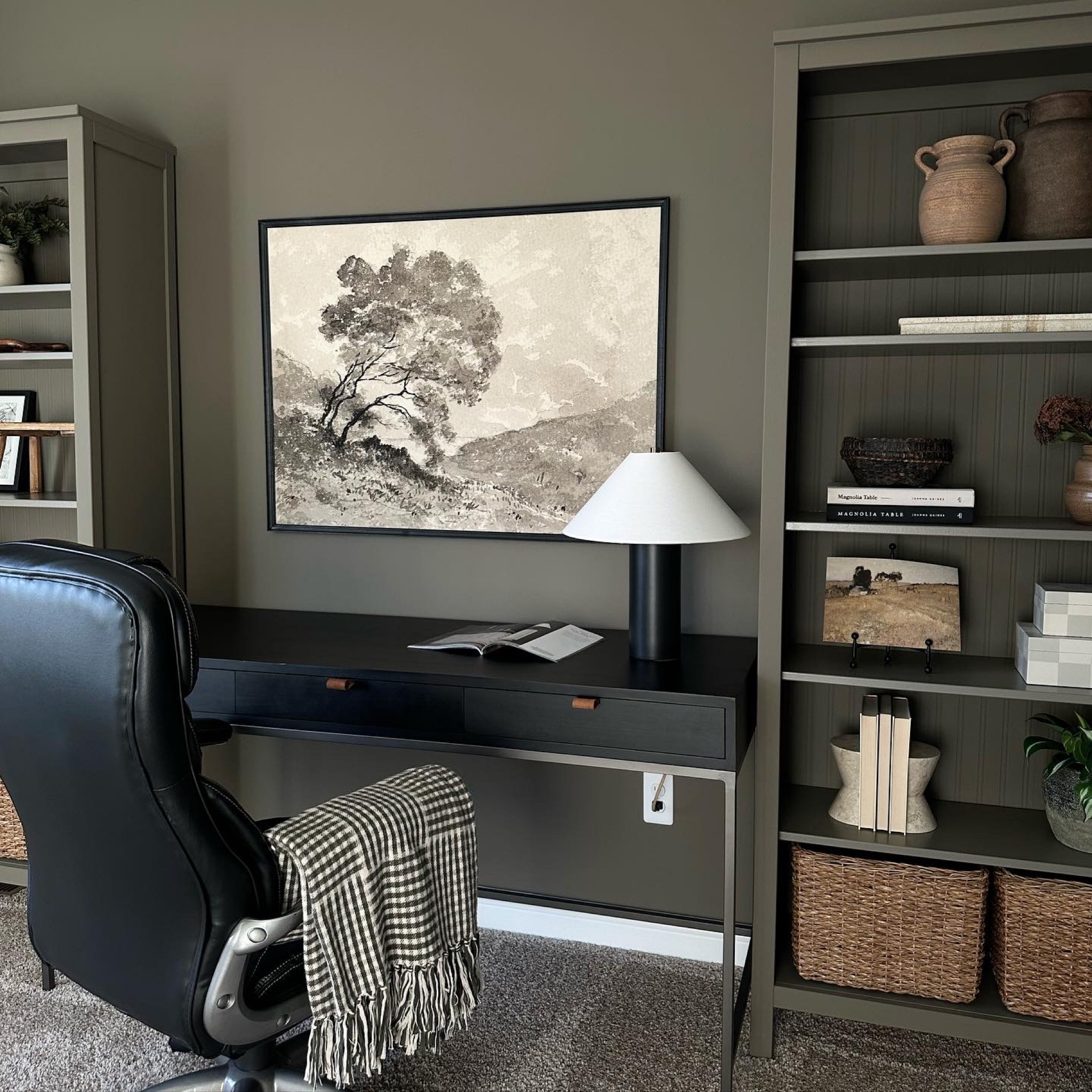 Moody olive green / brown office design for organic modern transitional homes. DIY 30x40 picture frame. Paint color: Benjamin Moore Cromwell Gray  

#LTKhome #LTKunder100 #LTKunder50