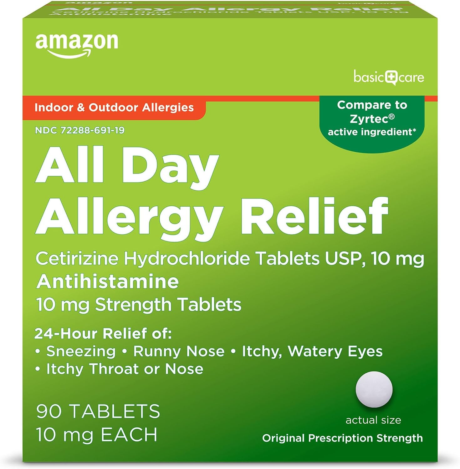 Amazon Basic Care All Day Allergy, Cetirizine Hydrochloride Tablets, 10 mg, Antihistamine, 90 Count | Amazon (US)