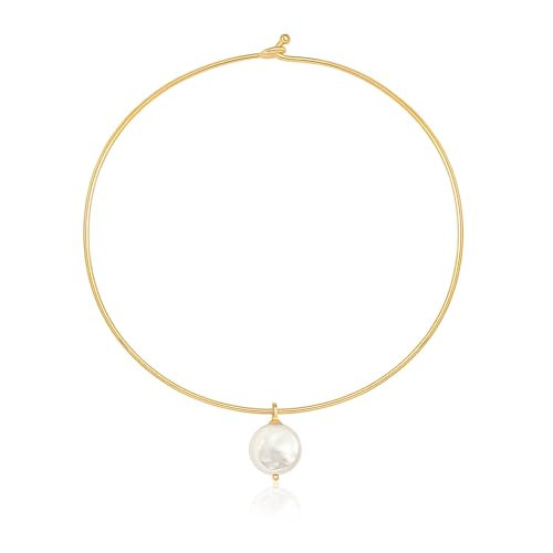 Aobei Pearl Flat Coin Pearl Pendant Necklace 18K Gold Plated Hard Wire Choker Cuff Collar Necklace for Women | Amazon (US)