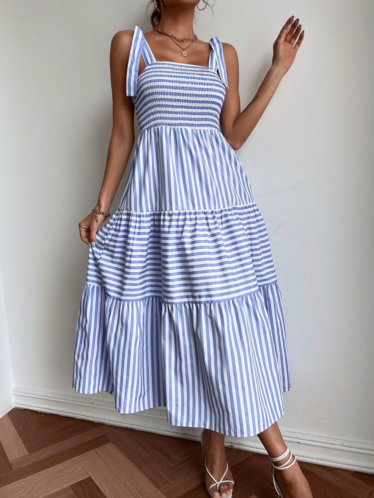 Striped Print Tie Shoulder Ruffle Hem Cami Dress | SHEIN