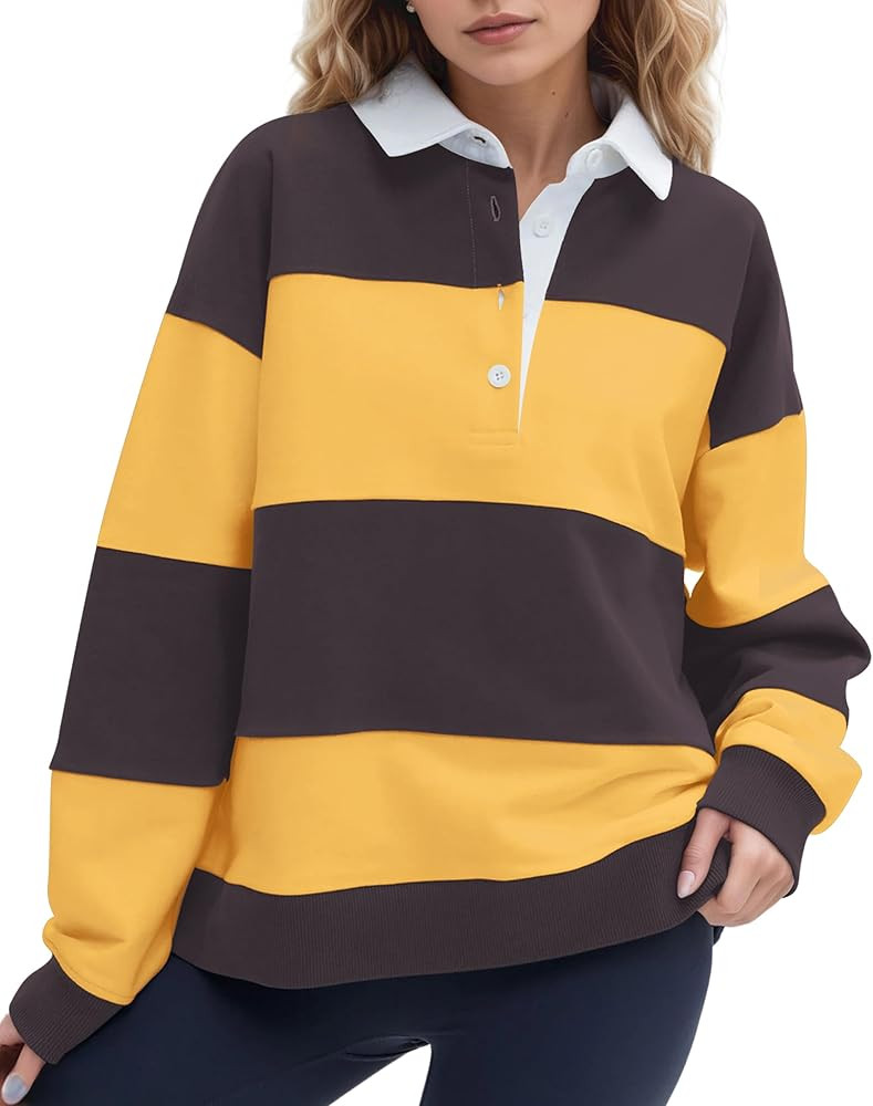Women Oversized Striped Polo Sweatshirt Color Block Lapel Collared Pullover Tops Striped Long Sle... | Amazon (US)
