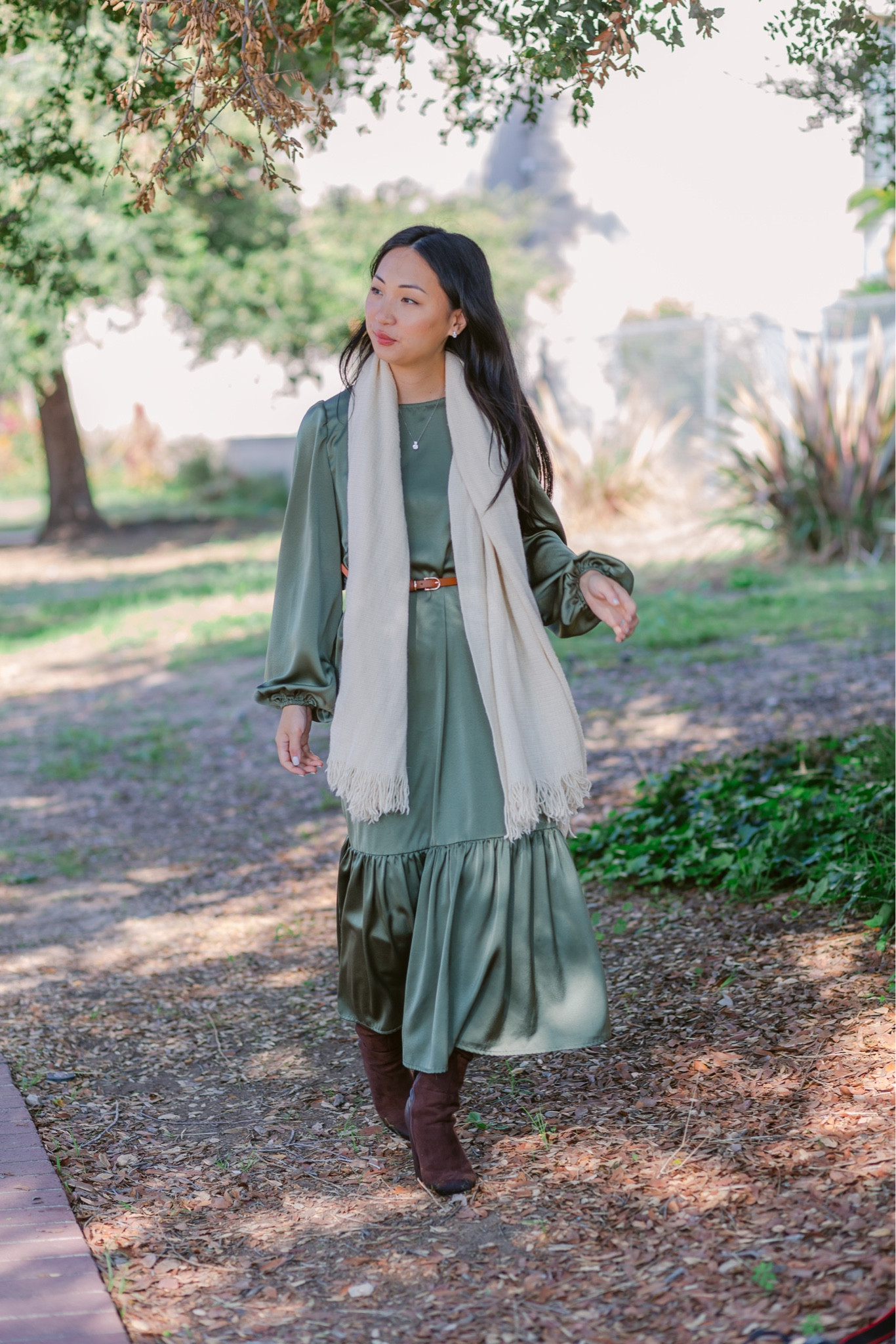 Green midi dress, brown knee high boots, brown dress belt, cream scarf, Dareth Colburn Designs Allie petite studs 

#LTKwedding #LTKHoliday #LTKSeasonal