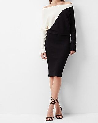 Color Block Asymmetrical Off the Shoulder Midi Sweater Dress | Express