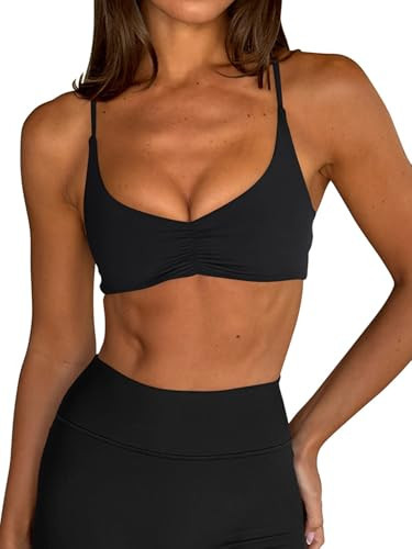 LASLULU Womens Black Sports Bra Sexy Spaghetti Strap Backless Bra Workout Gym Yoga Clothes Bras Tops Strappy Halter Padded Sport Bras (Black, X-Large) | Amazon (US)