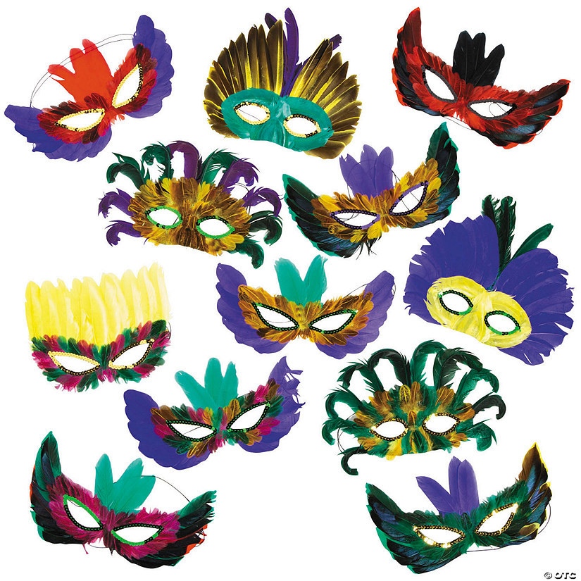 Mardi Gras Feather Mask Assortment- 12 Pc. | Oriental Trading Company