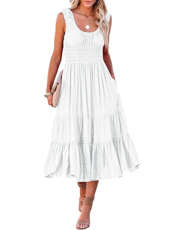 AlvaQ Women Summer Dresses Sleeveless Smocked Midi Dress High Waist Casual Tiered A Line Sundress... | Amazon (US)