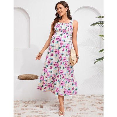 Women's Maternity Dress Boho Spaghetti Strap Square Neck Dress Floral Casual Ruffle Nursing Maxi Dress Baby Shower Rose Red Small | Target