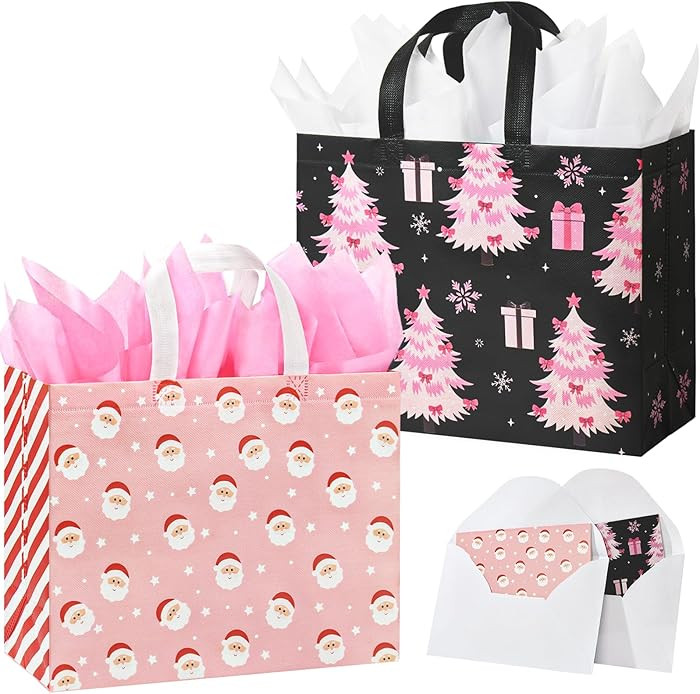 STYPOP 2 Pack 13" Large Pink Christmas Gift Bags with Tissue Paper & Greeting Cards, Reusable Non... | Amazon (US)
