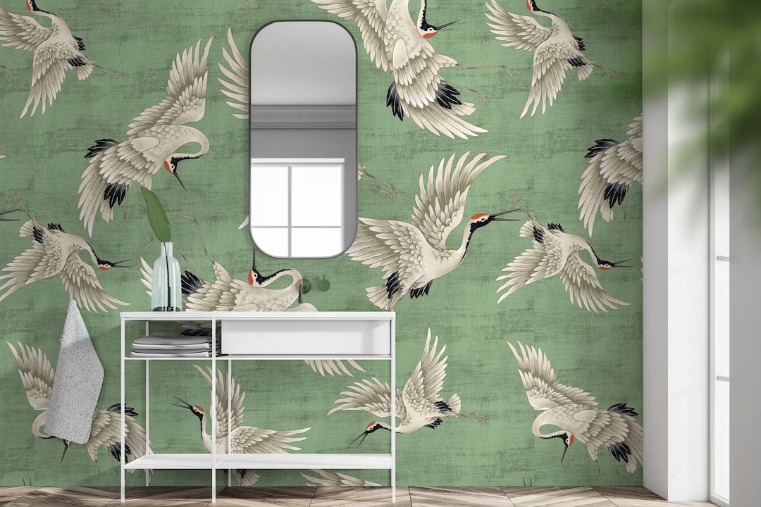 Green Crane Birds Wallpaper Peel and Stick Heron Asian - Etsy | Etsy (US)