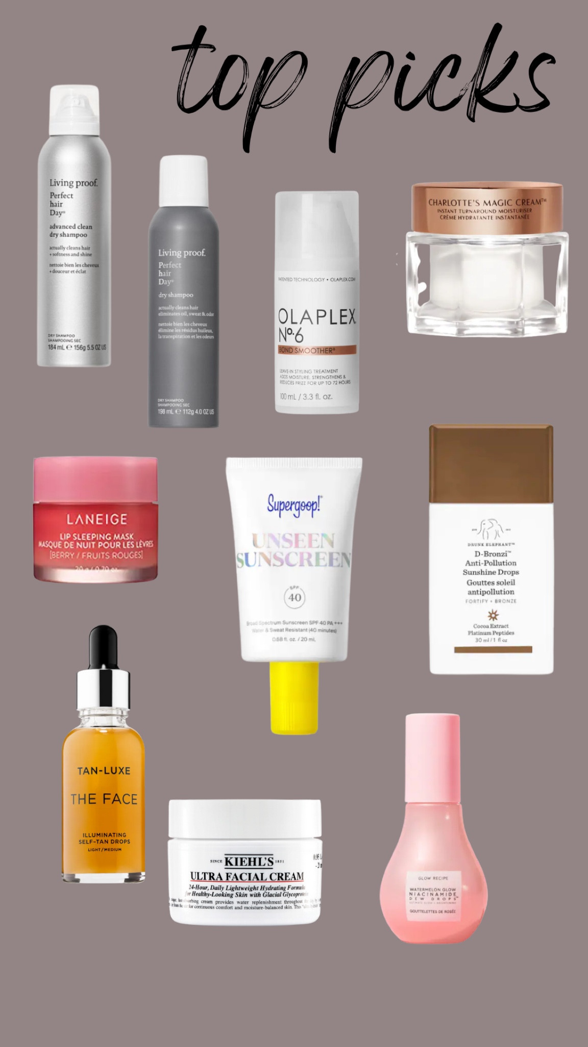 Sephora top picks:

Living Proof Perfect hair Day (PhD) Dry Shampoo

Living Proof Perfect hair Day (PhD) Advanced Clean Dry Shampoo

Olaplex No. 9 Bond Protector Nourishing Hair Serum

TAN-LUXE THE FACE Illuminating Self-Tan Drops

Charlotte Tilbury Magic Cream Moisturizer with Hyaluronic Acid

Supergoop! Glowscreen Sunscreen SPF 40 PA+++ with Hyaluronic Acid + Niacinamide

Glow Recipe Watermelon Glow Niacinamide Dew Drops Serum

Kiehl's Since 1851 Ultra Facial Refillable Moisturizing Cream with Squalane

Drunk Elephant D-Bronzi™ Anti-Pollution Bronzing Drops with Peptides

#LTKGiftGuide #LTKBeautySale #LTKbeauty