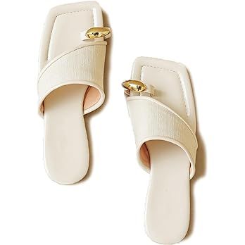 Women's Ring Toe Metal Flat Sandals Summer Slip-on Square Open Toe Non-Slip Beach Flats Slippers | Amazon (US)
